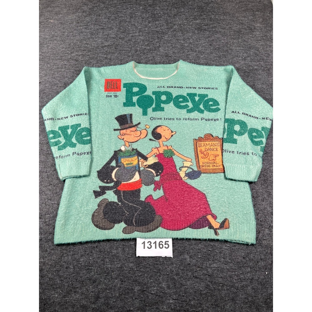 Popeye Dell Comics Sweater Womens XL Green Cartoon Graphic Crew Neck Casual